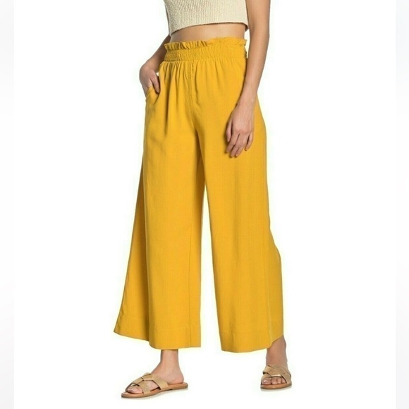 ELODIE MUSTARD WIDE LEG STRETCH WAIST PANT SIZE LARGE - Picture 1 of 5